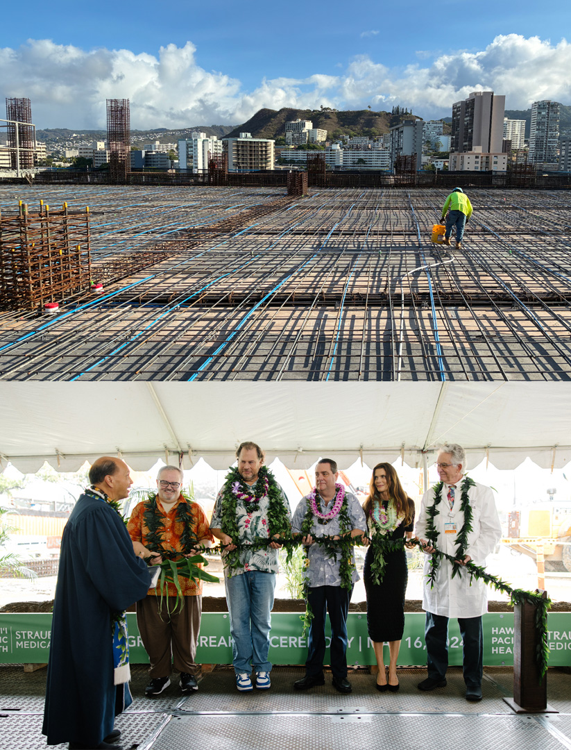 2 images. Top: Construction worker preps section of the new parking lot's ninth floor. Bottom: Kahu Kordell Kekoa performs Hawaiian blessing at the ground breaking of the Straub Benioff redevelopment as HPH leaders and Marc and Lynne Benioff hold a maile lei. 2 images. Top: Construction worker preps section of the new parking lot's ninth floor. Bottom: Kahu Kordell Kekoa performs Hawaiian blessing at the ground breaking of the Straub Benioff redevelopment as HPH leaders and Marc and Lynne Benioff hold a maile lei.