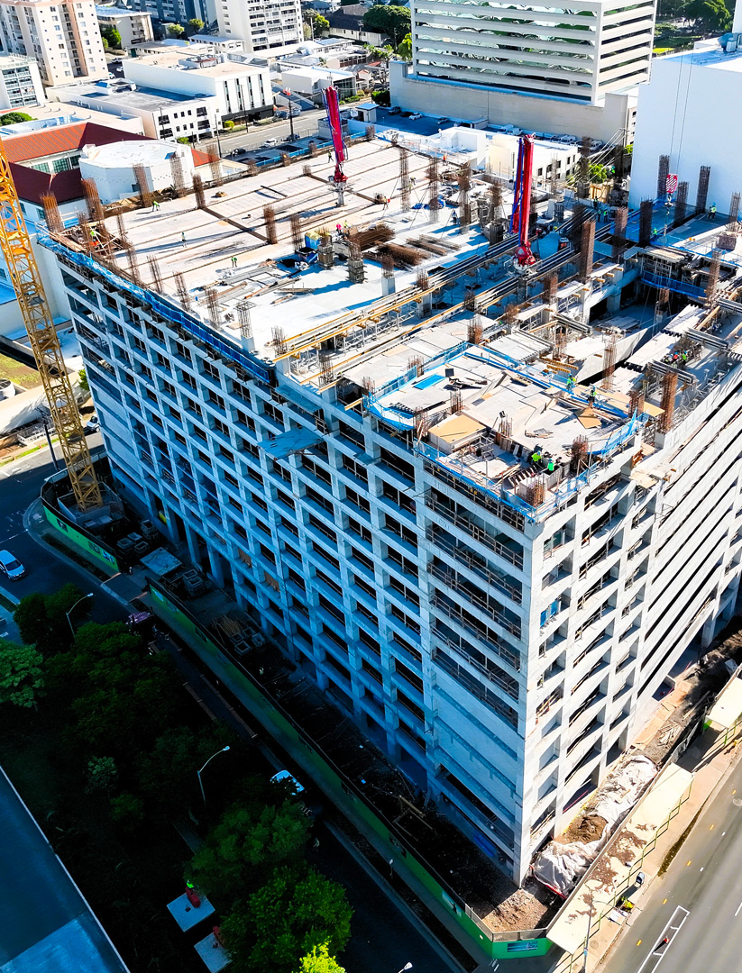 3/4 aerial view of the under construction HPH Straub Benioff parking structure, shot from the corner of Kealamakai and King streets. 3/4 aerial view of the under construction HPH Straub Benioff parking structure, shot from the corner of Kealamakai and King streets.