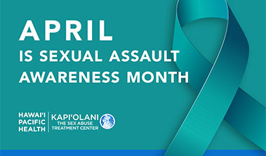 Teal ribbon with text saying April is Sexual Assault Awareness Month
