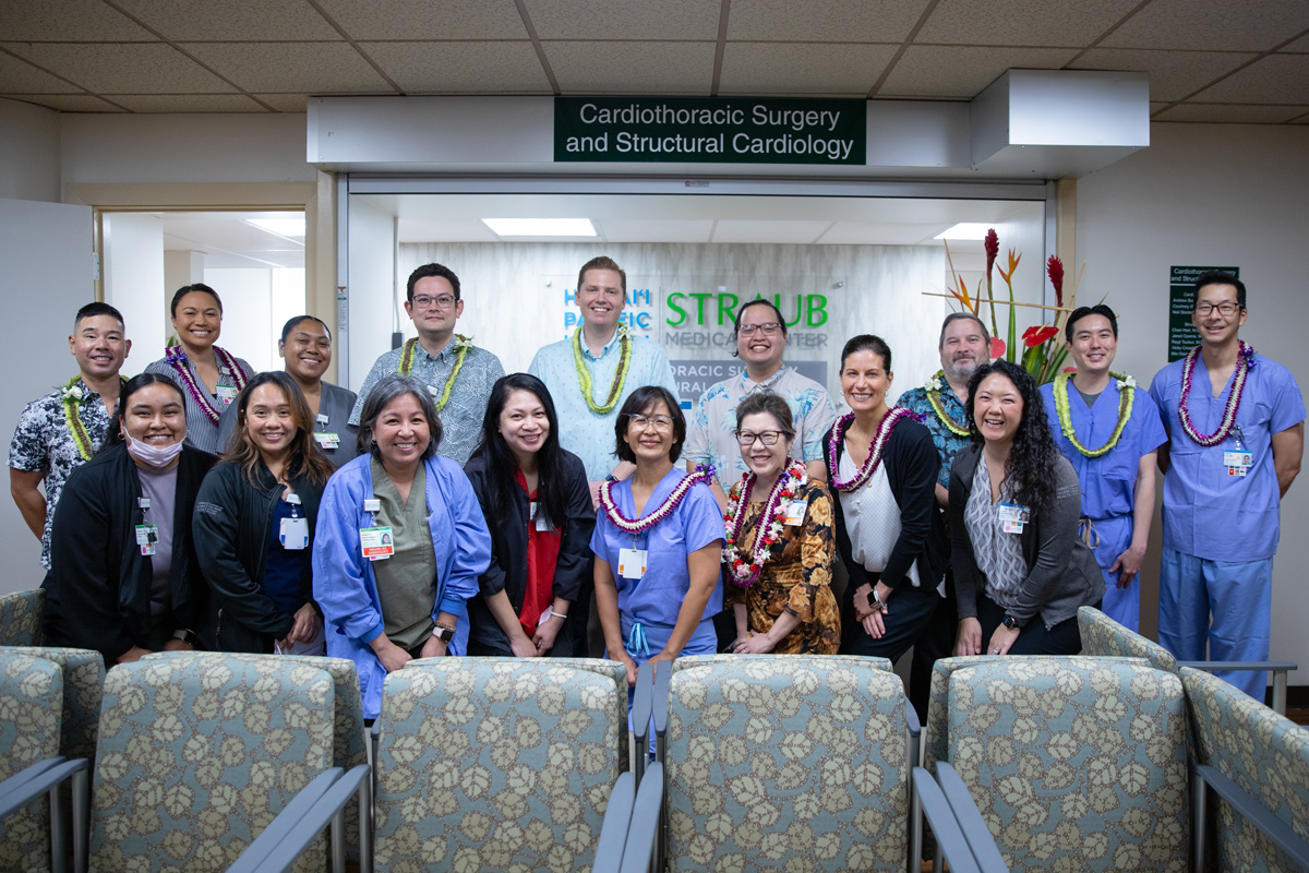 The Straub Benioff Medical Center Heart Team wearing lei as they celebrate the milestone 1,000th TAVR procedure.