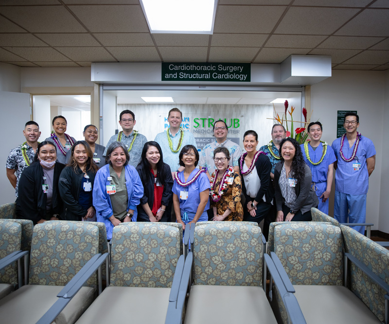 The Straub Benioff Medical Center Heart Team gathers during a blessing ceremony for their new clinic offices held in April 2024.