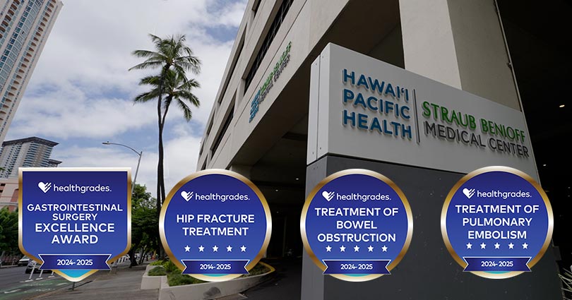 Healthgrades medallions for various distinctions in specialty care alongside Straub Benioff signage.