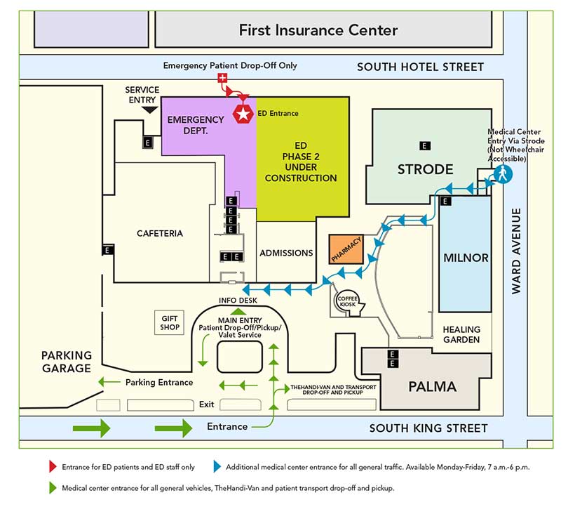 Map showing entrances to Emergency Department during renovations.