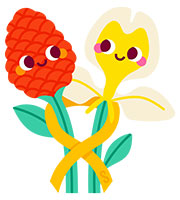 Illustration of a celebratory pin with two intertwined ginger flowers with smiling faces.