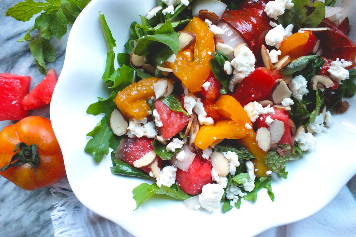 Watermelon, Tomato & Feta Salad in bowl